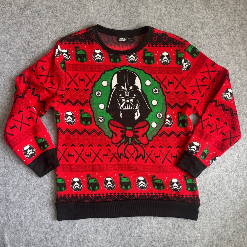Star Wars Mens Darth Vader Holiday Wreath Sweatshirt XL Red Fair Isle Pattern